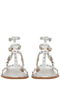 Ash women’s sandalo play silver studded t-strap sandals with glossy finish and tan leather accents