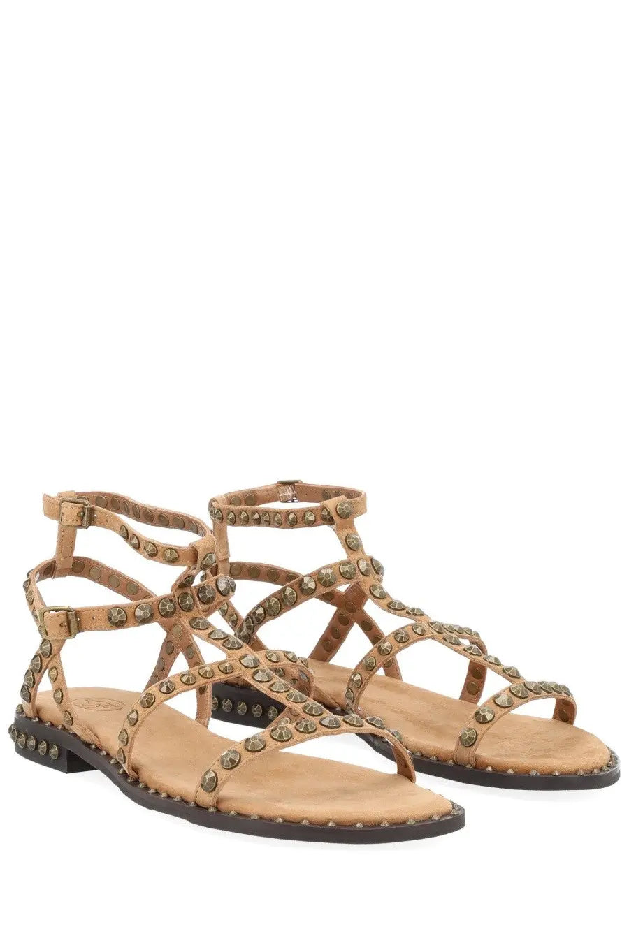 Ash women’s sandalo precious beige tan suede sandals with metallic studs and a low heel front view