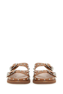 Tan leather ash women’s sandalo urus beige sandals with silver-toned studs and double-buckle straps