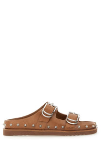 Ash women’s sandalo urus beige tan leather slide sandal with two silver buckle straps and metallic studs along edges