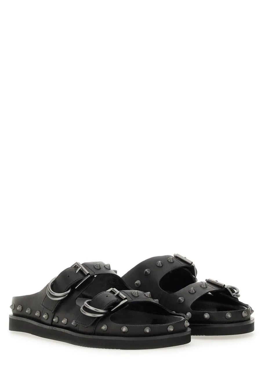 Black leather ash women’s sandalo urus sandals with silver metal buckles and studs front view