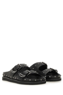 Black leather ash women’s sandalo urus sandals with silver metal buckles and studs front view
