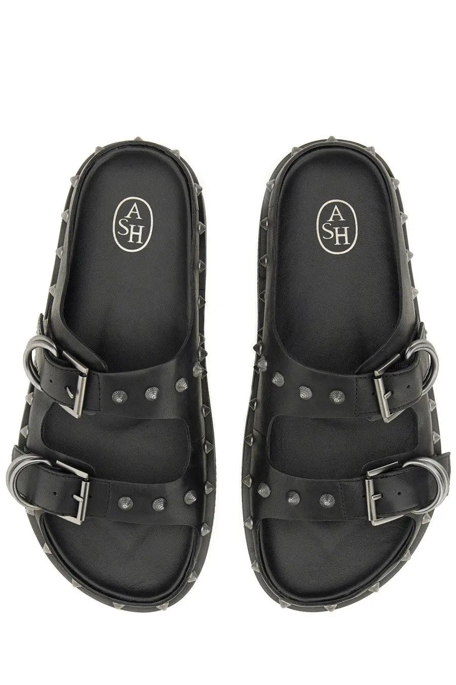 Black leather ash women’s sandalo urus sandals with silver-toned metal buckles and stud details