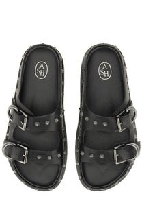 Black leather ash women’s sandalo urus sandals with silver-toned metal buckles and stud details