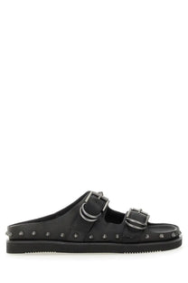 Ash women’s sandalo urus black leather slide sandal with dual silver buckle straps and metallic studs along sole