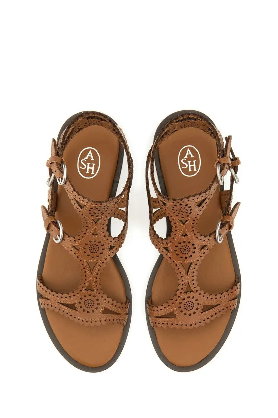 Ash women’s sandalwood paprika beige brown leather sandals with intricate cut-out patterns and silver metal buckles