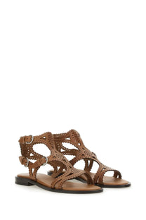 Ash women’s sandalwood paprika beige tan leather sandals with intricate cut out patterns and adjustable straps