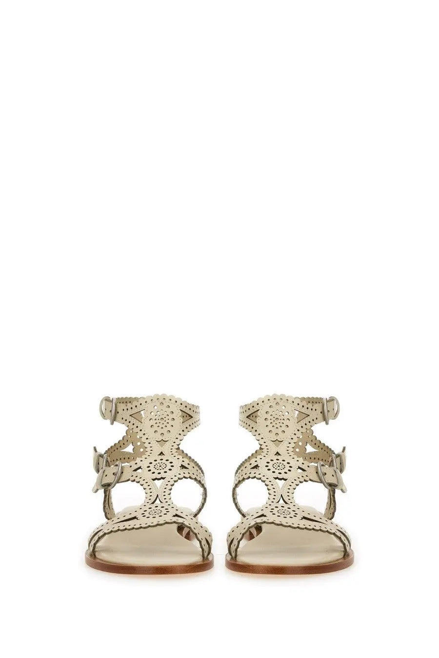 Beige leather ash women’s sandalwood paprika white sandals with intricate cut-out patterns and adjustable straps
