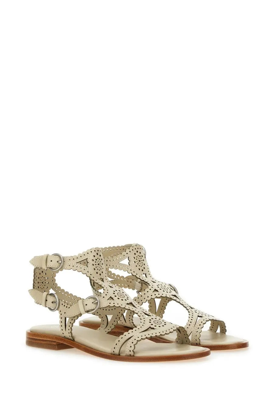 Beige leather ash women’s sandalwood paprika white sandals with intricate cut-out patterns and metallic buckles