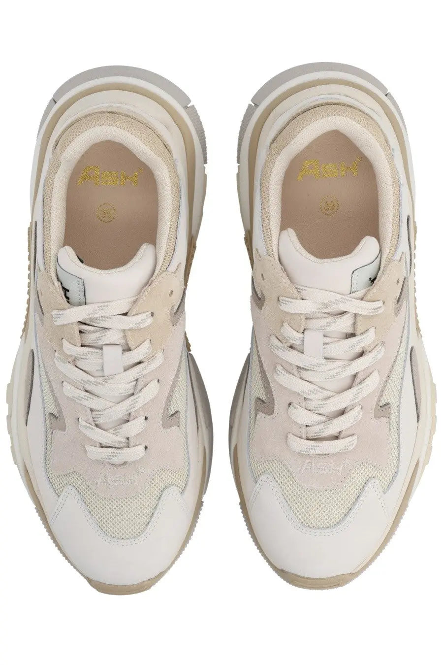 Ash women’s sneaker addict beige cream-colored chunky sneakers with mesh and suede materials white laces gold branding