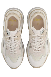 Ash women’s sneaker addict beige cream-colored chunky sneakers with mesh and suede, white laces, and gold branding