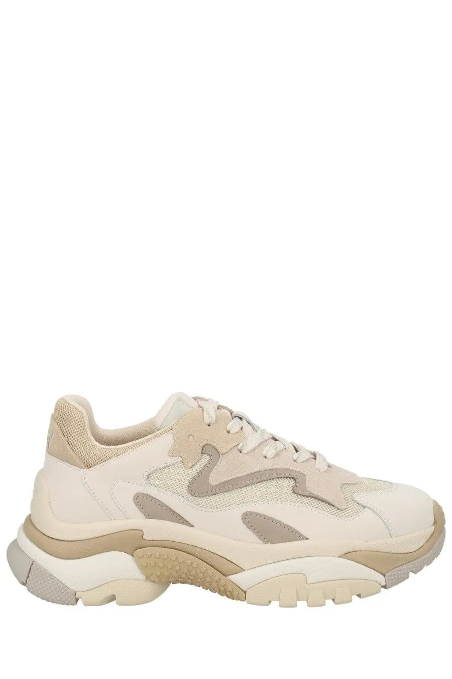 Cream-colored ash women’s sneaker addict beige with chunky sole and layered mesh and suede upper design