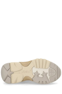 Beige and tan rubber sole with embossed star design and ash branding on ash women’s sneaker addict beige
