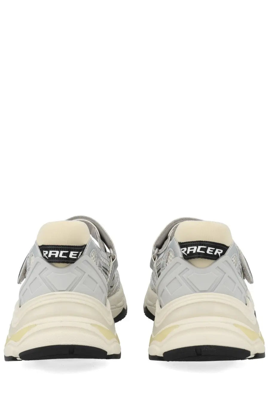 Ash womens sneaker rolls grey showing back with gray cream chunky sneakers textured upper and black racer heel branding