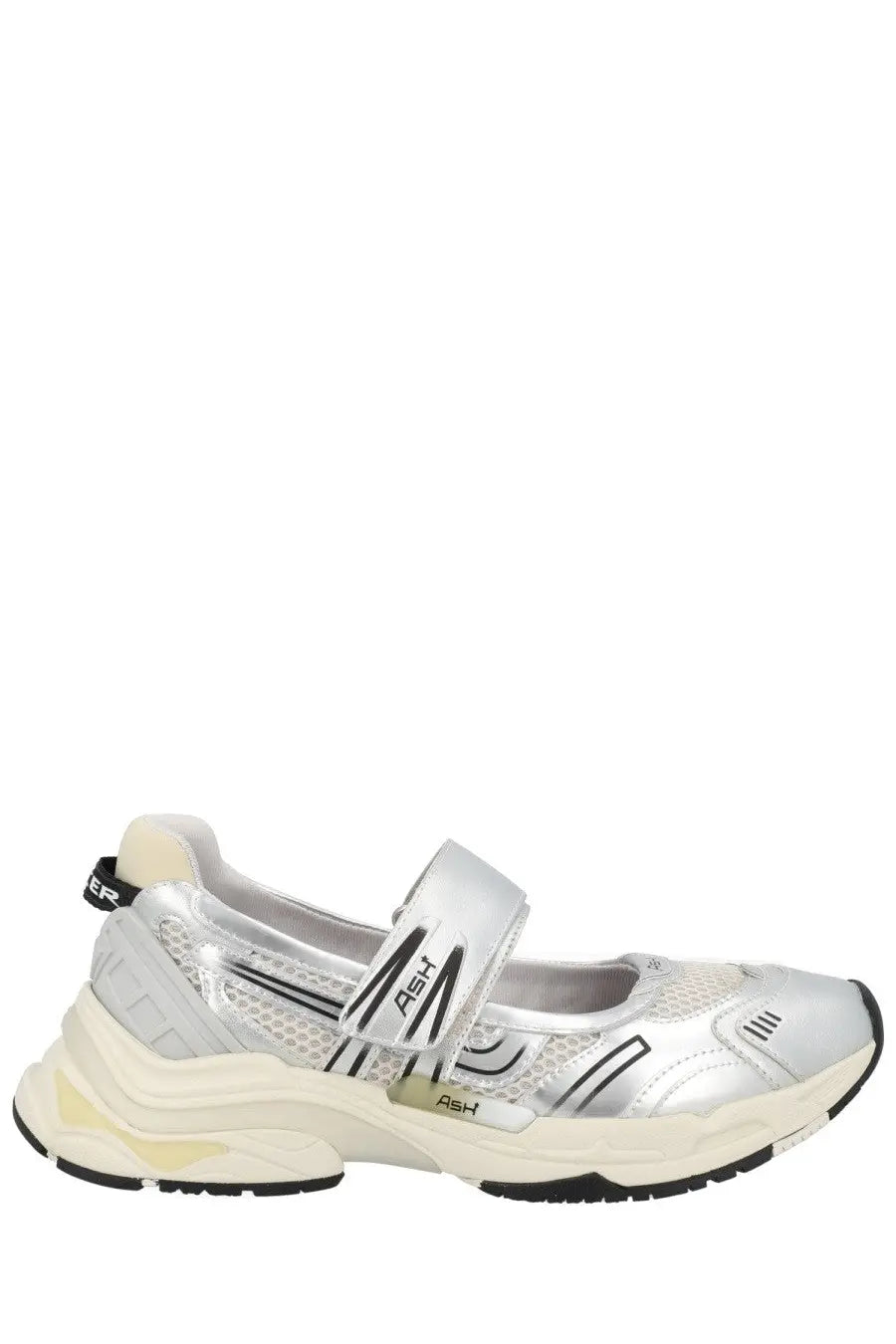 Ash women’s sneaker rolls grey in silver and black with chunky sole mesh synthetic overlays and velcro strap across foot