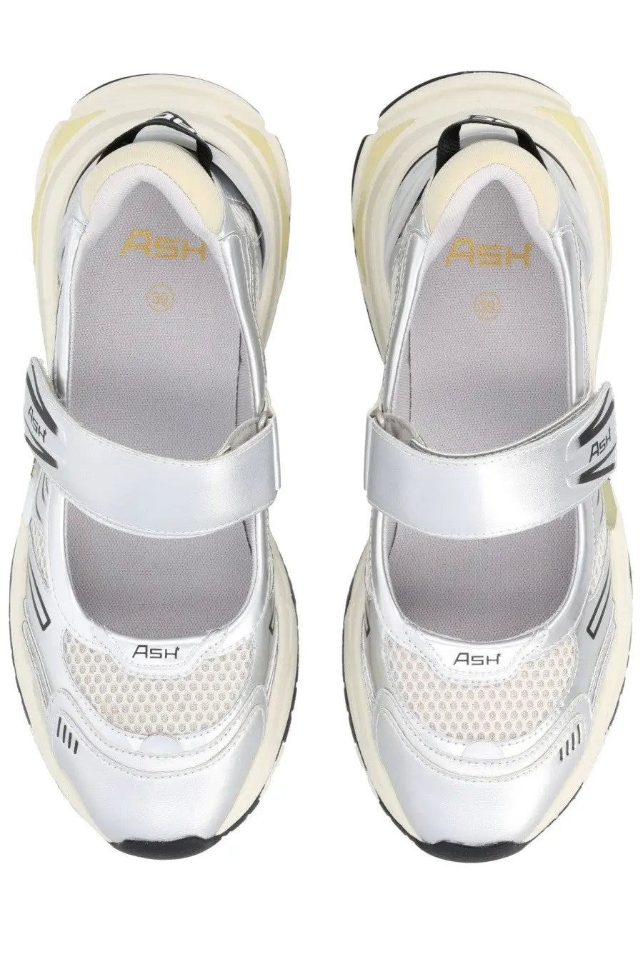 Ash women’s sneaker rolls grey silver and cream chunky platform sneakers with mesh upper velcro strap and black accents