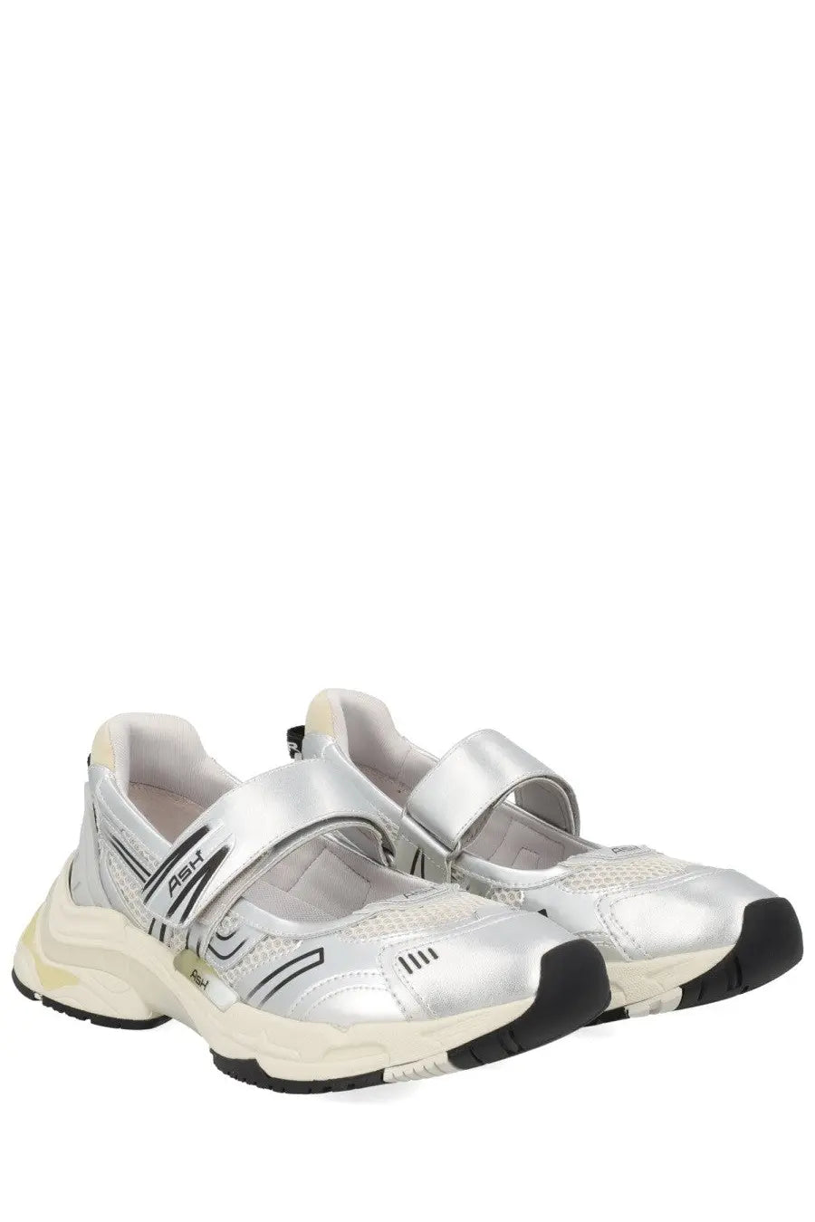 Ash women’s sneaker rolls grey featuring silver metallic material black accents and a chunky white sole
