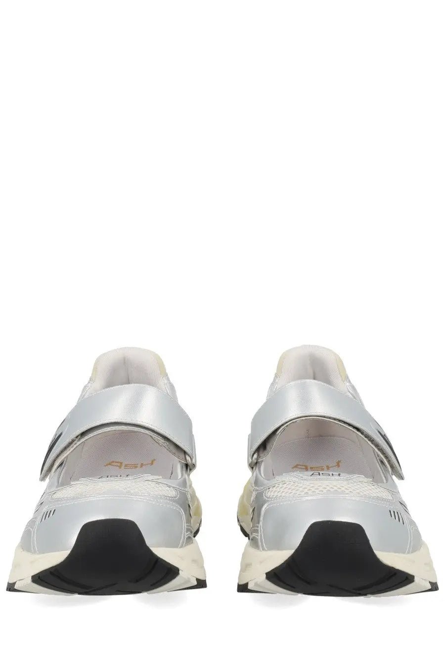 Ash women’s sneaker rolls grey silver metallic sneakers with chunky sole and velcro straps in front view