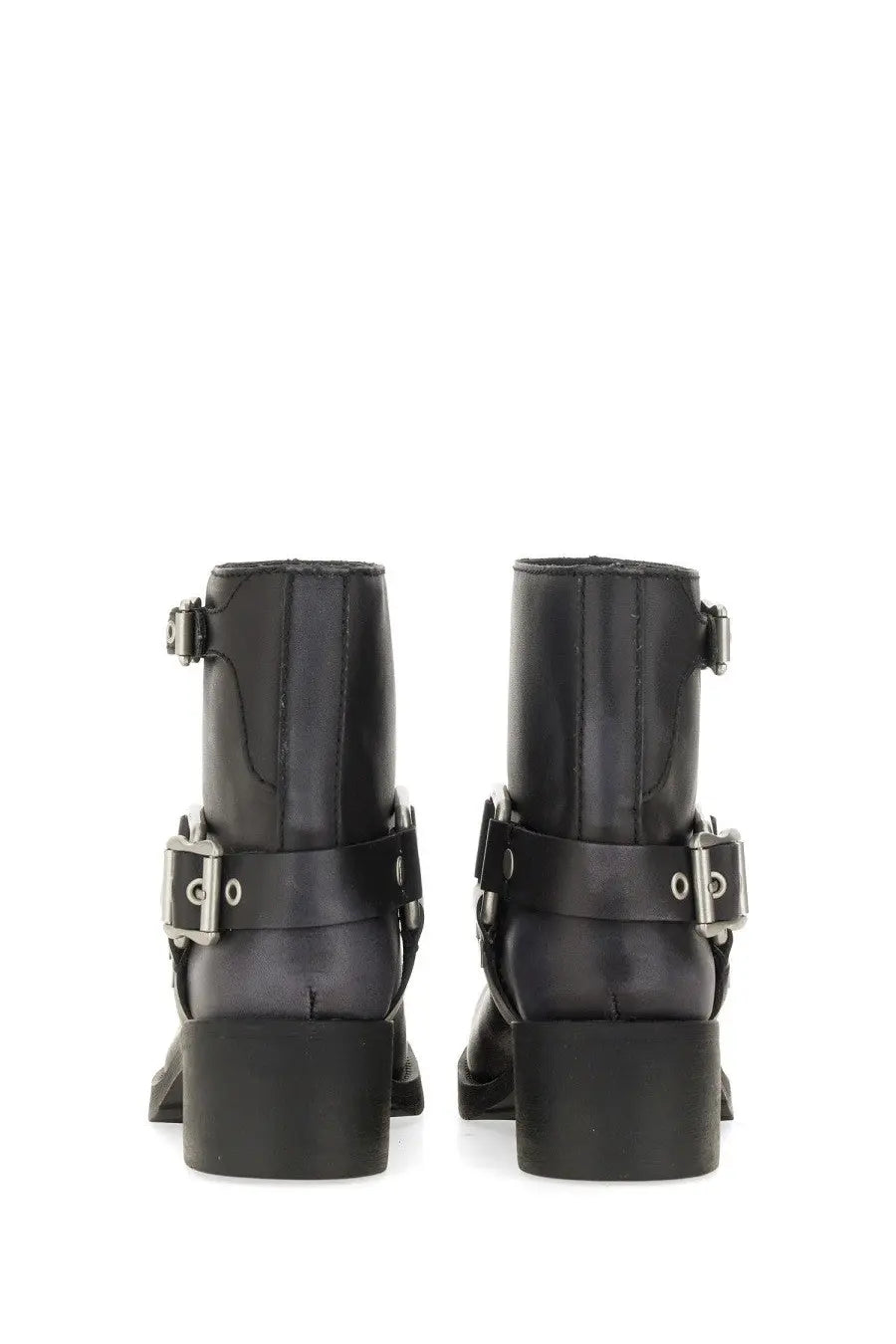 Ash women’s texas boot black leather ankle boots with silver buckle straps and chunky heel shown from the back