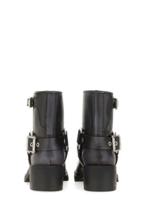 Ash women’s texas boot black leather ankle boots with silver buckle straps and chunky heel shown from the back