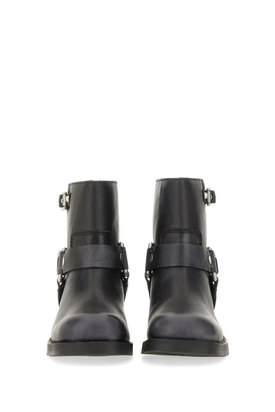 Ash women’s texas boot black leather ankle boots with silver buckle straps and chunky sole