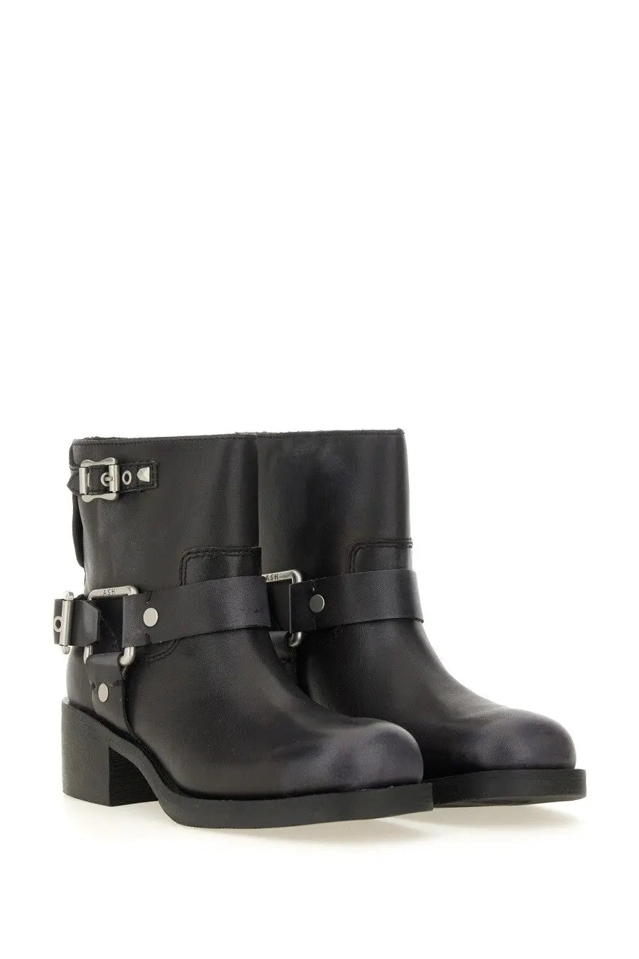 Black leather ash women’s texas ankle boots with silver buckle straps and chunky heel