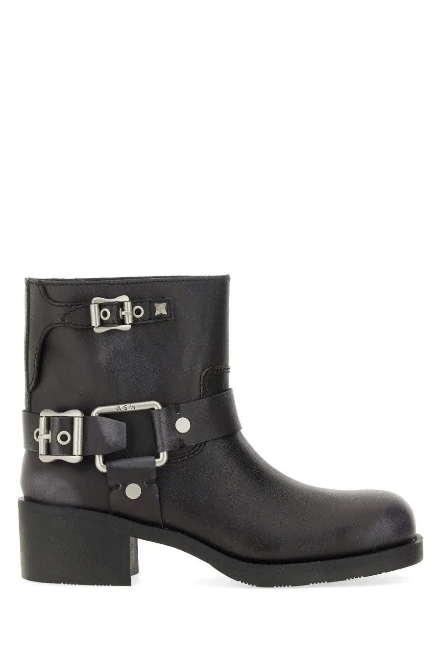 Ash women’s texas boot black leather ankle boot with silver-toned buckles and low block heel visible from back side
