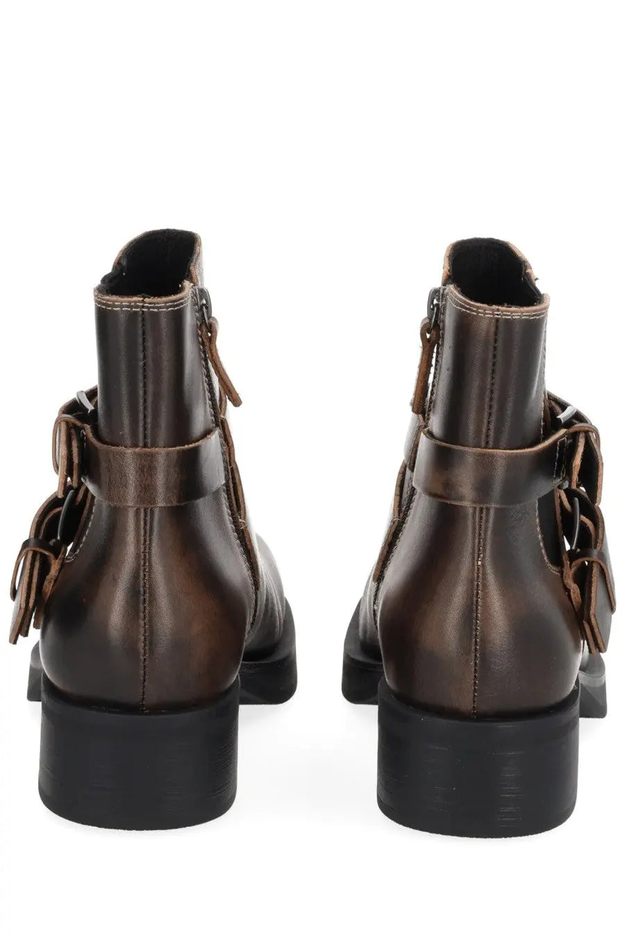 Ash women’s Yuri boot brown dark brown leather ankle boots with chunky black heel and decorative buckled straps