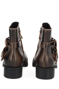 Ash women’s Yuri boot brown dark brown leather ankle boots with chunky black heel and decorative buckled straps