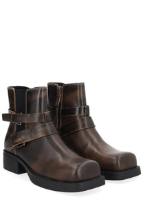 Ash women’s Yuri boot brown brown leather ankle boots with matte finish two adjustable straps and chunky black sole