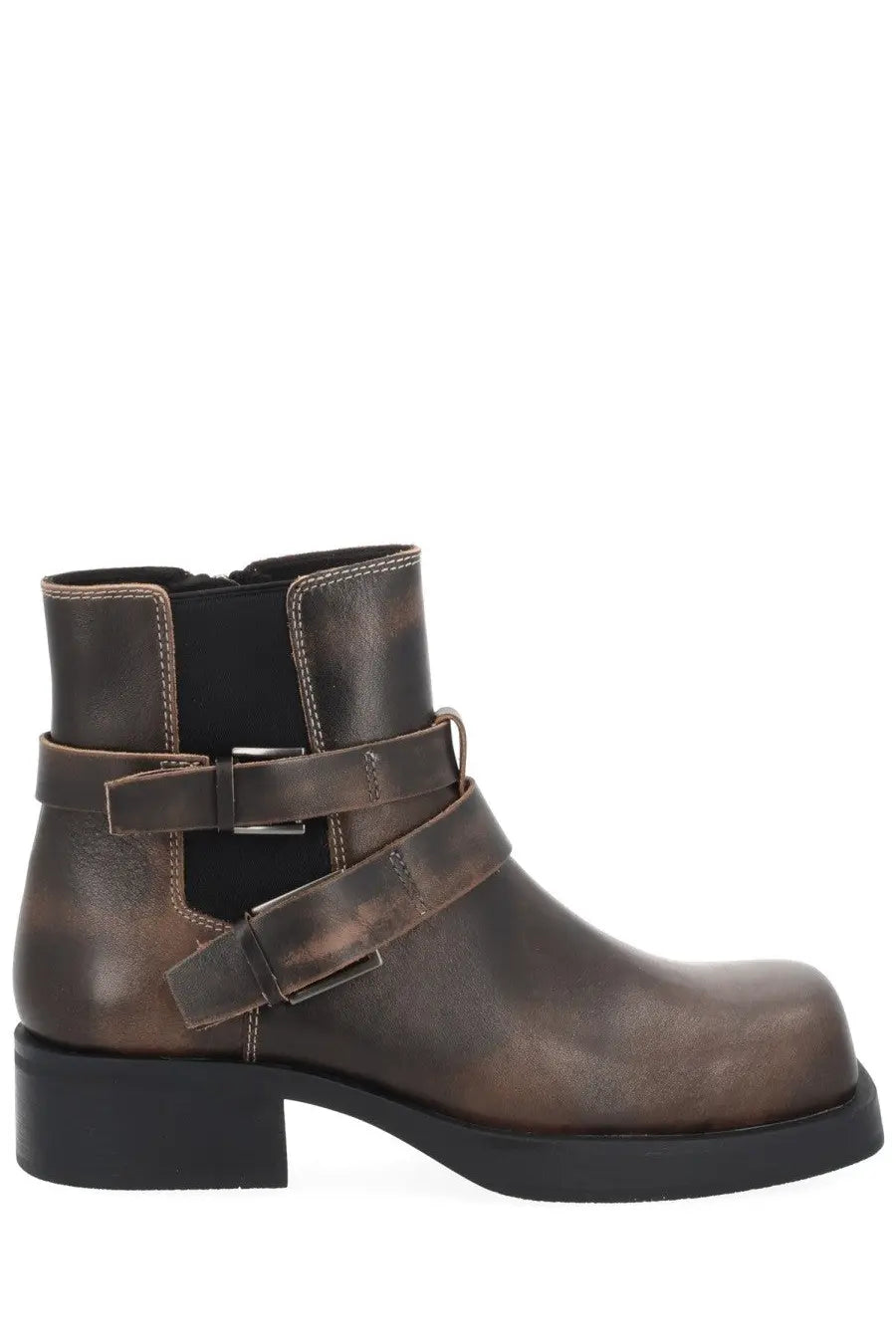 Ash women’s yuri boot brown leather ankle boot with two adjustable straps and chunky black heel shown from the back