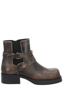Ash women’s yuri boot brown leather ankle boot with two adjustable straps and chunky black heel shown from the back
