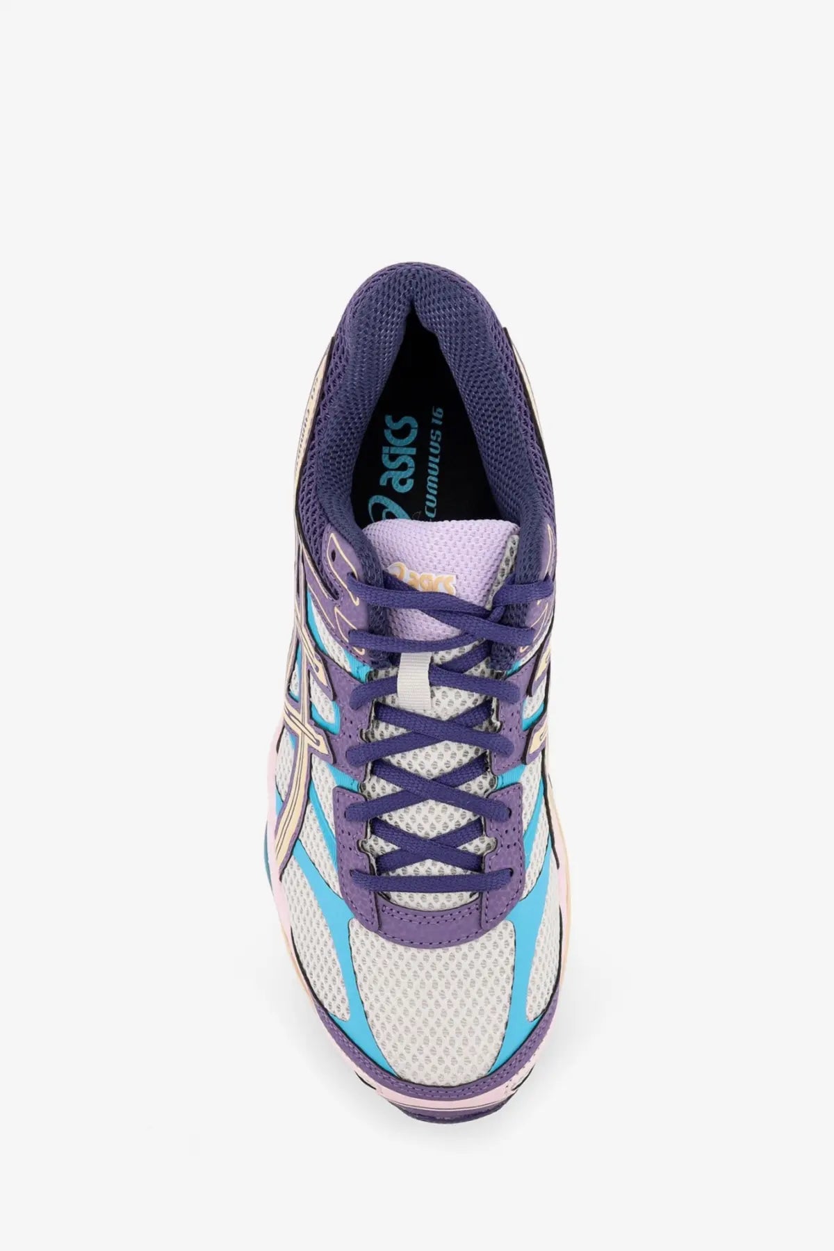 Asics men’s gel cumulus mesh running shoe in purple and light blue with white accents and padded collar