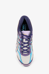 Asics men’s gel cumulus mesh running shoe in purple and light blue with white accents and padded collar