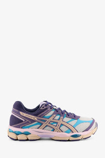 Asics men’s gel cumulus 16 running shoe in purple and teal with mesh upper and cushioned sole for comfort