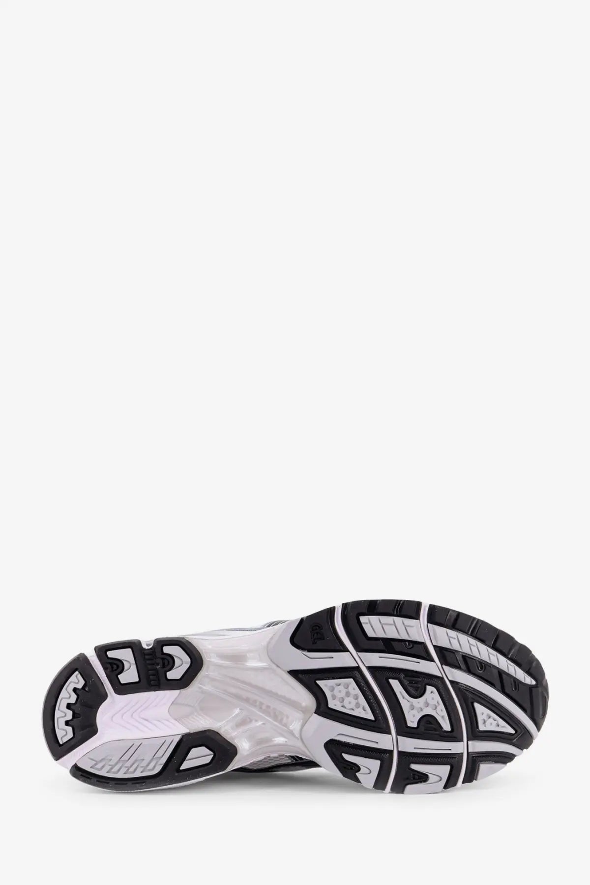 Black and white asics men’s gel kayano low top mesh sneaker with textured rubber outsole and translucent midsole