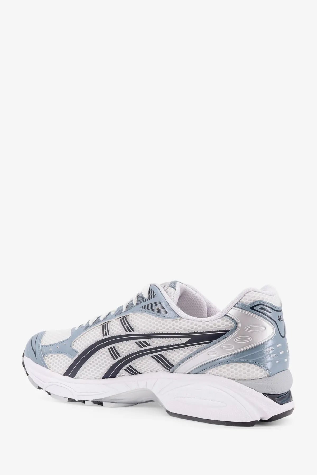 Asics men’s gel kayano low top mesh sneaker in white and light gray with black stripes and breathable mesh upper