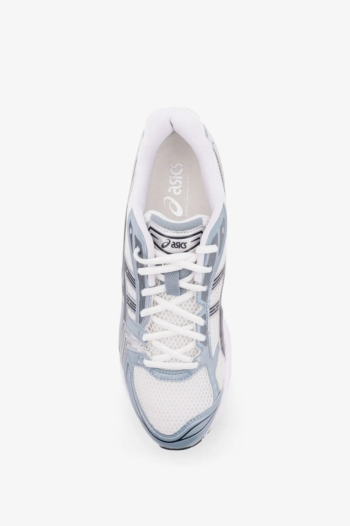 Asics men’s Gel Kayano low top mesh sneakers in white and light gray with signature side stripes and laces