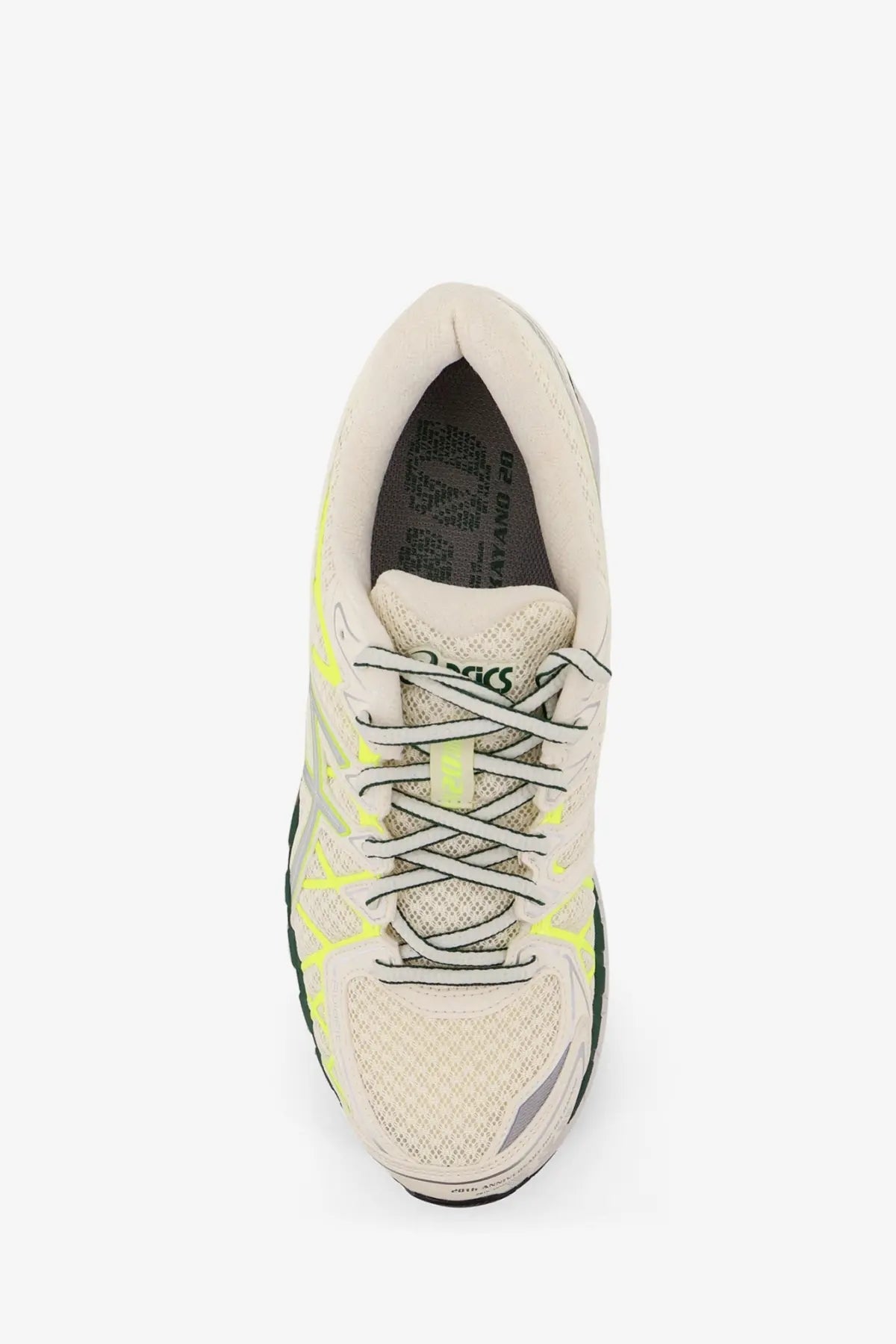 A sleek off-white ASICS men’s gel kayano low top mesh sneaker with neon yellow accents and breathable mesh upper