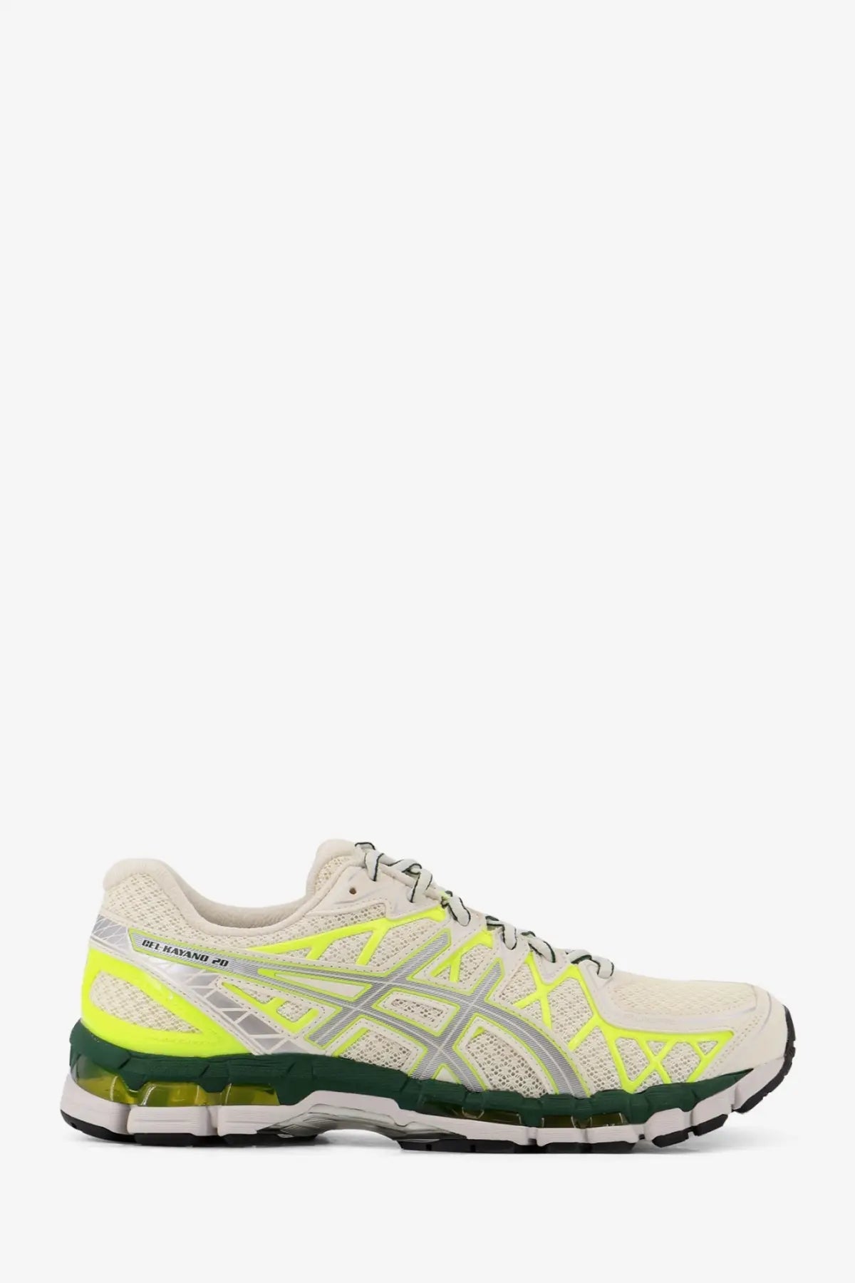 Asics men’s gel kayano low top mesh sneakers in neon yellow silver white mesh with green accents for running