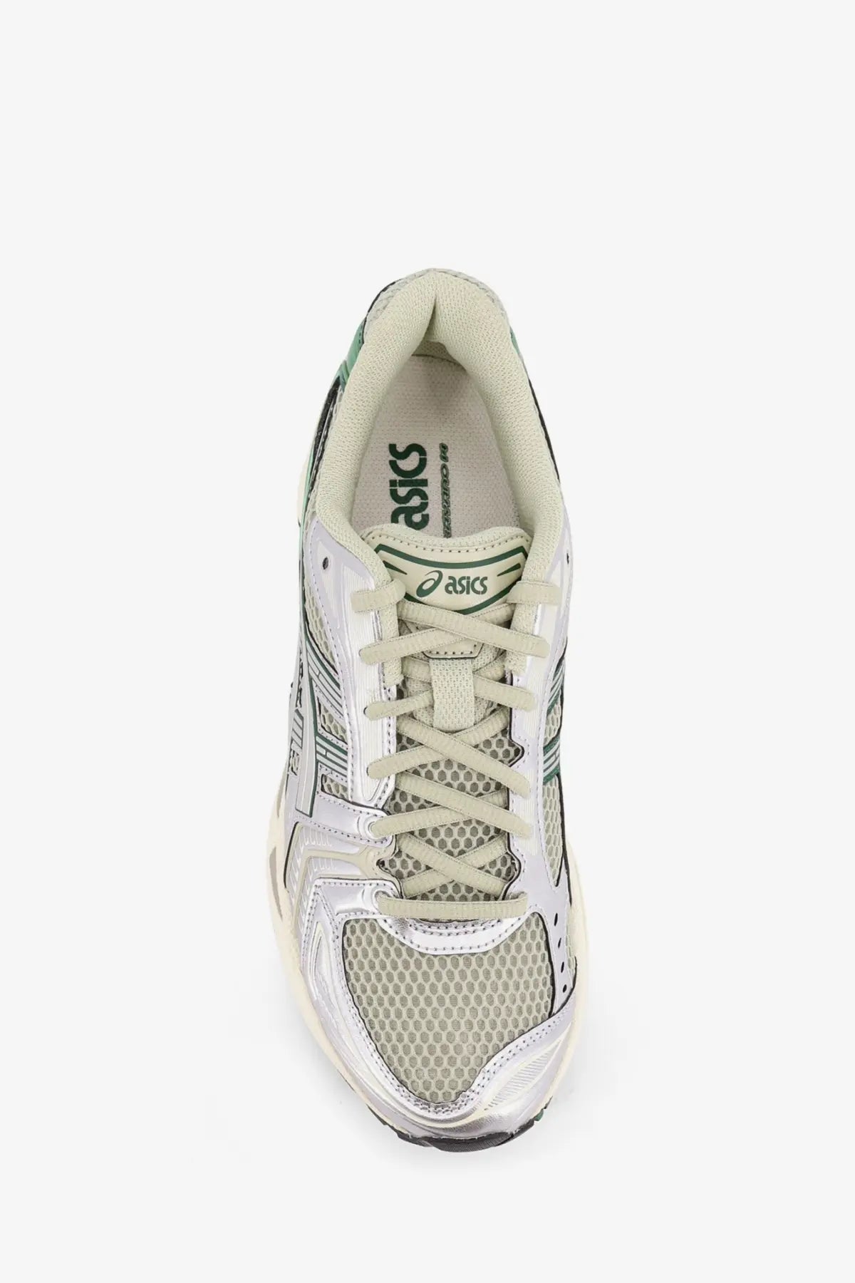 Asics men’s gel kayano 12 running shoe in white and green with mesh and synthetic overlays for support