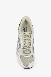 Asics men’s gel kayano 12 running shoe in white and green with mesh and synthetic overlays for support