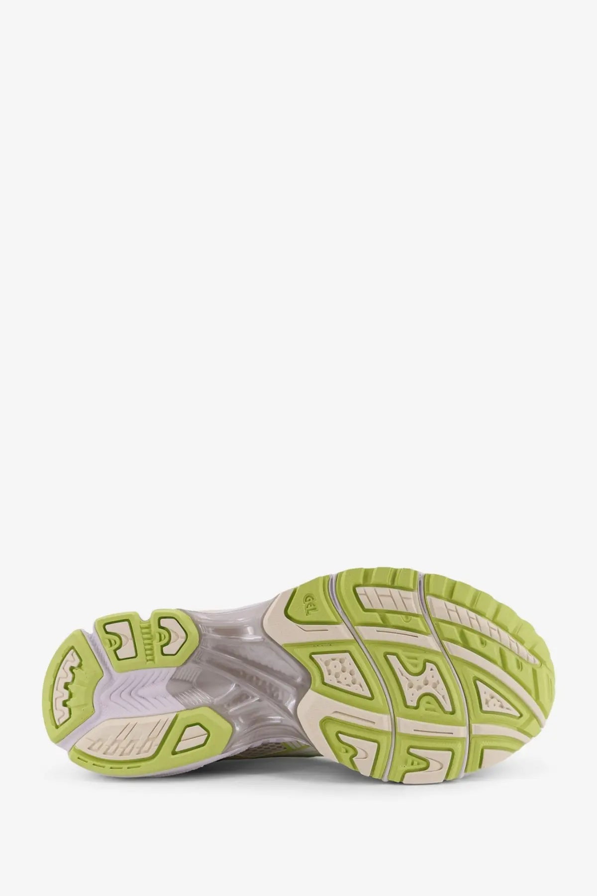 Asics men’s gel kayano mesh sneakers in white with vibrant lime green and translucent white geometric sole