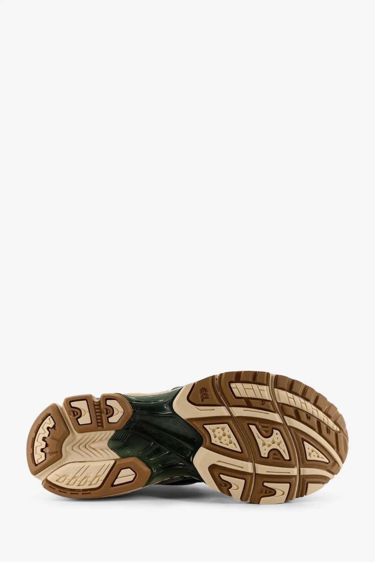 Dark green and beige rubber sole with textured geometric tread on asics men’s gel kayano mesh sneakers white