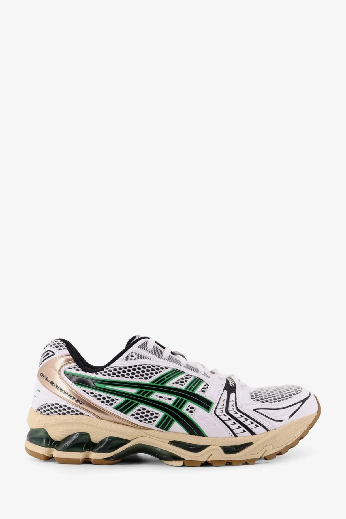 Asics men’s gel kayano mesh sneaker white with white and green mesh upper black laces and beige midsole
