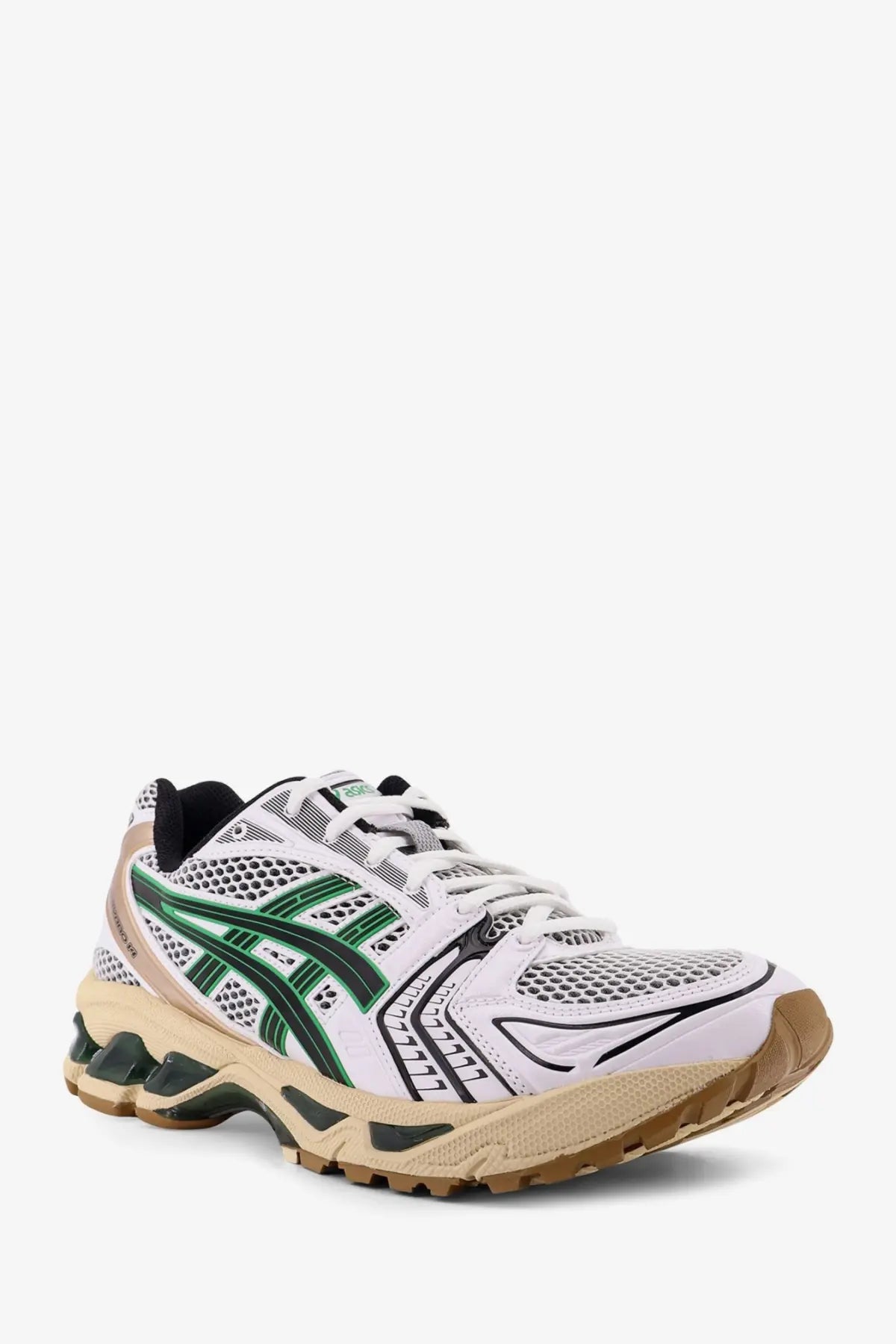 Asics men’s gel kayano mesh sneakers white with green and black accents mesh upper and beige rubber sole