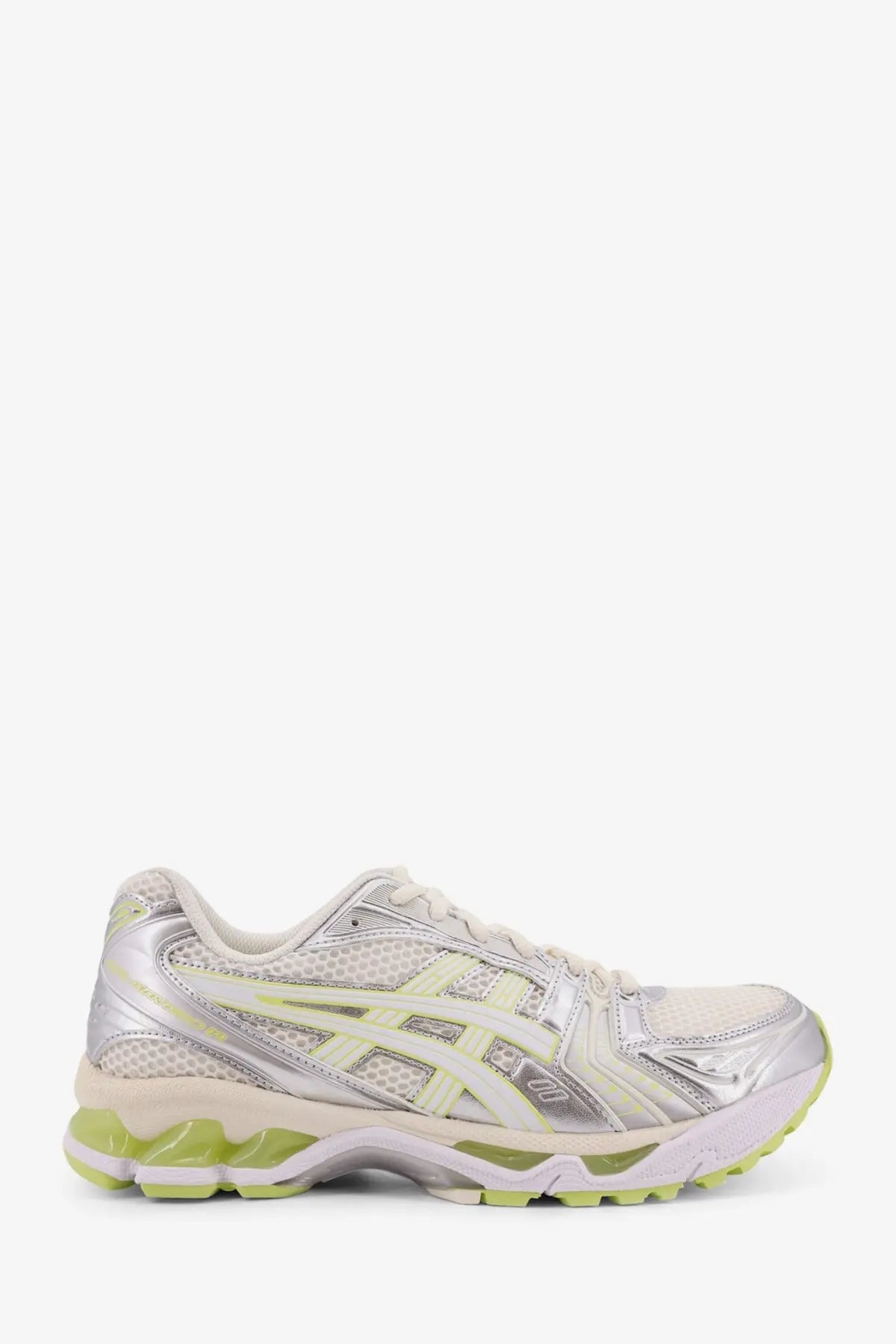 Asics men’s gel kayano mesh sneakers in silver and lime green with mesh upper and reflective accents