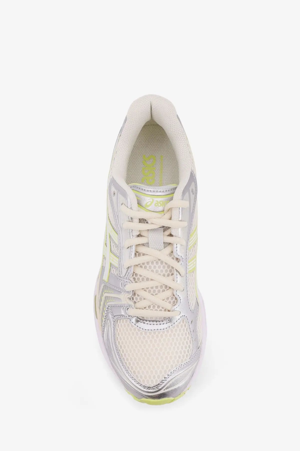 ASICS men’s gel kayano mesh sneakers in white with off-white mesh upper silver metallic accents and neon green highlights