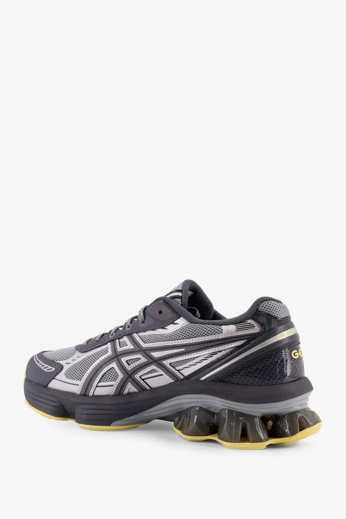 Asics men’s gel kinetic mesh sneakers in gray and black with yellow sole accent designed for running and comfort