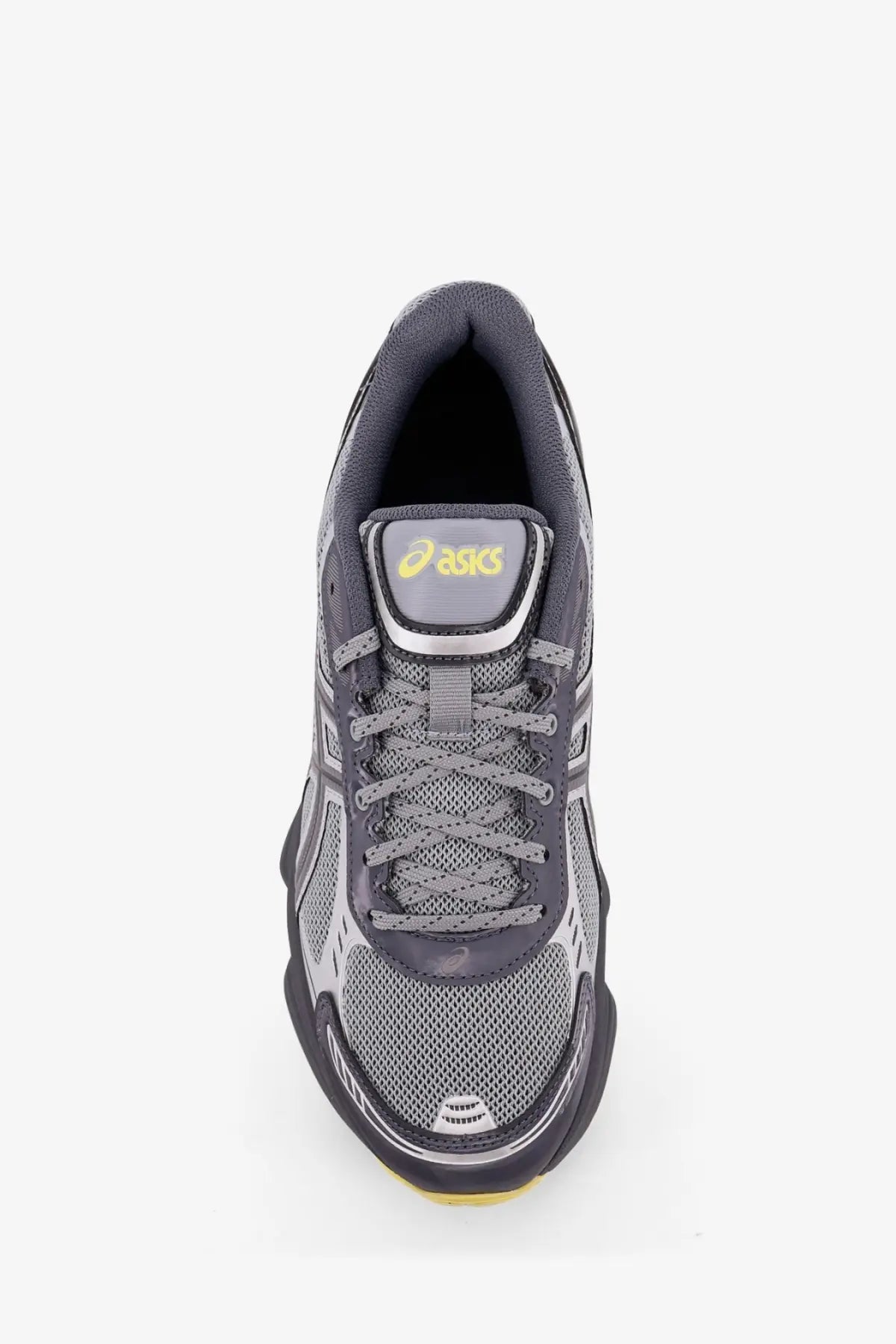 Asics men’s gel kinetic mesh sneakers in gray with black accents and yellow branding details for running